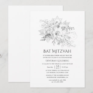 White and Silver Vintage Floral Bat Mitzvah Invitation