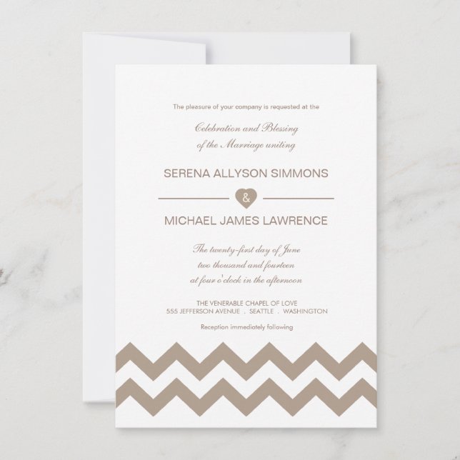 White and Taupe Chevron Wedding Invitations (Front)