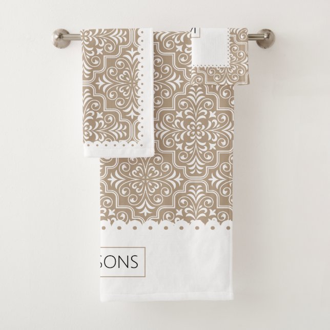 White and taupe damask pattern scalloped borders bath towel set (Insitu)