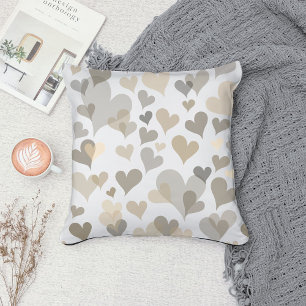 White And Taupe Hearts Pattern Elegant Girly Cute Throw Pillow