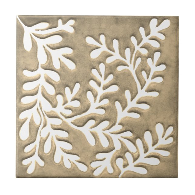 White and taupe leaf Ceramic Tile (Front)
