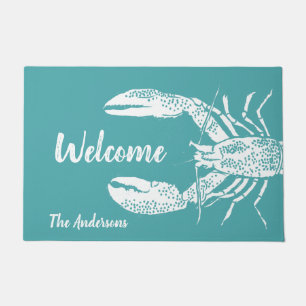 White and Teal Blue Lobster Personalized Doormat