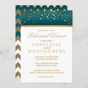 White and Teal Gold Confetti - Rehearsal Dinner Invitation