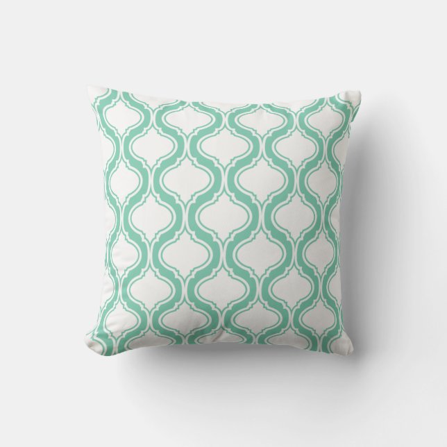 White And Teal-Green Geometric Pattern Throw Pillow (Front)
