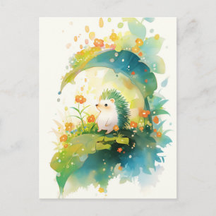 White and Teal Hedgehog in Summer Garden Postcard