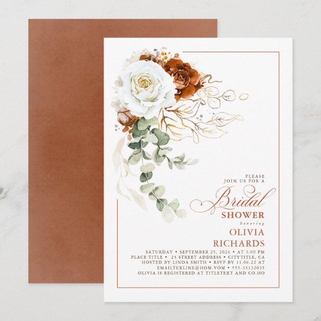 White and Terracotta Floral Fall Bridal Shower Invitation (Front/Back)