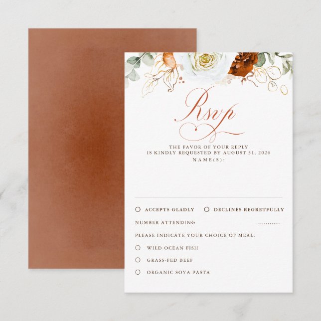 White and Terracotta Flowers Wedding RSVP (Devant / Derrière)