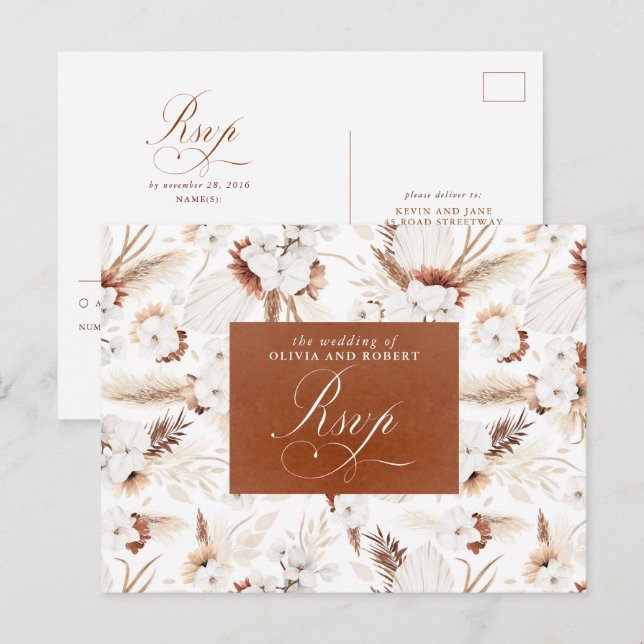 White and Terracotta Flowers Wedding RSVP Postcard (Front/Back)