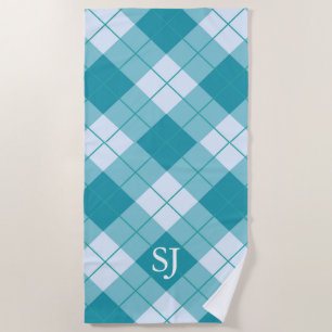 White and turquoise-blue plaid pattern beach towel