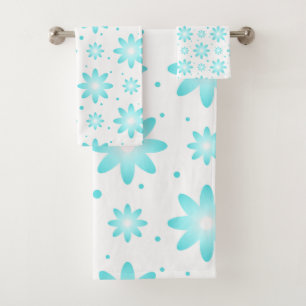 White and turquoise delicate daisy, dots pattern  bath towel set