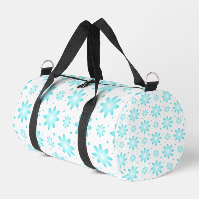 White and turquoise delicate daisy, dots pattern  duffle bag (Left Corner)