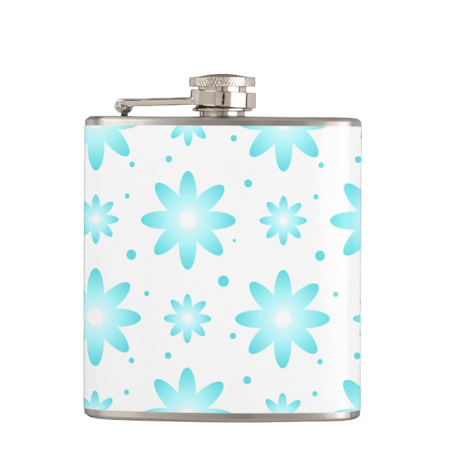 White and turquoise delicate daisy, dots pattern  hip flask (Front)