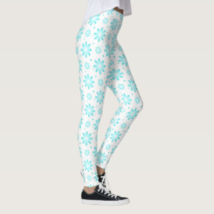 White and turquoise delicate daisy, dots pattern leggings