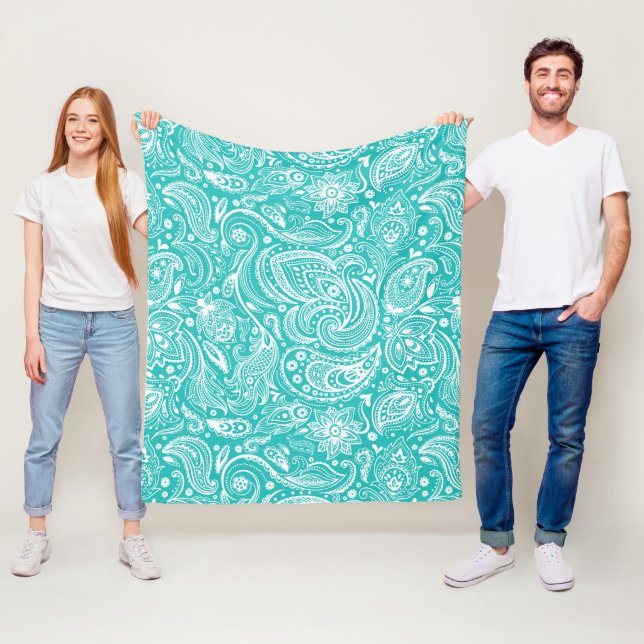 White And Turquoise Floral Paisley Pattern Fleece Blanket (In Situ)