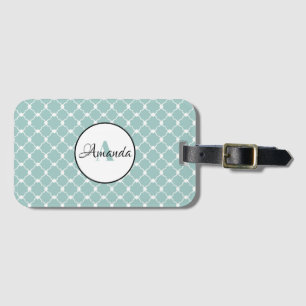white and turquoise ,geometric, personalized luggage tag