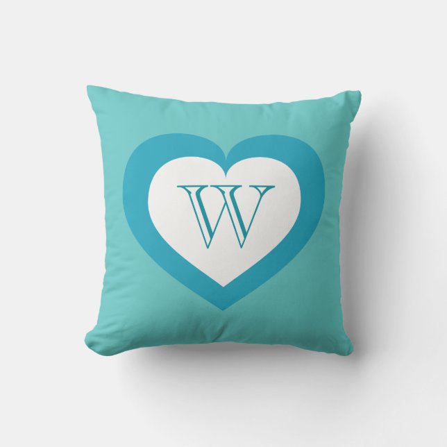 White and turquoise heart - monogram throw pillow (Front)