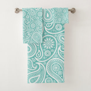 White and turquoise paisley pattern bath towel set