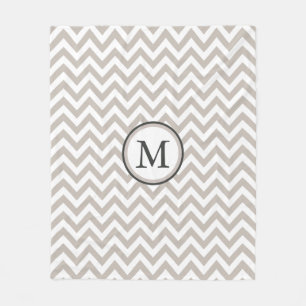 White And Warm Grey Chevron Pattern Monogram Fleece Blanket