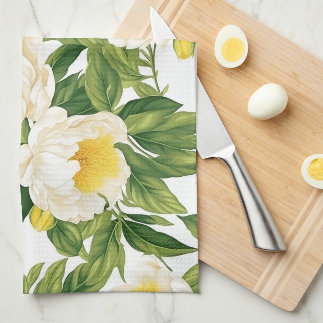 White and yellow Claire de Lune peonies Kitchen Towel (Quarter Fold)