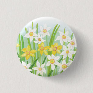 White and Yellow Daffodils 1 Inch Round Button