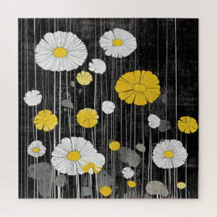 White and Yellow Daisies on Grey Black Jigsaw Puzzle