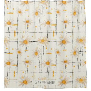 White and Yellow Daisies - Rustic Plaid Background