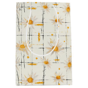White and Yellow Daisies - Rustic Plaid Background Medium Gift Bag