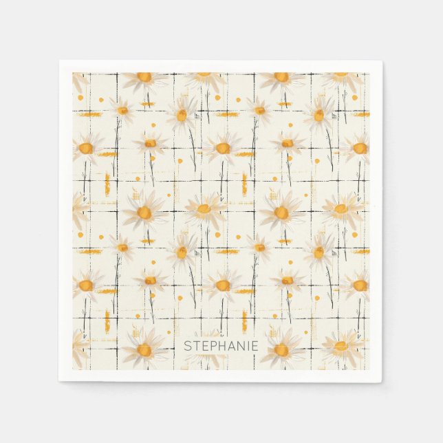 White and Yellow Daisies - Rustic Plaid Background Napkin (Front)