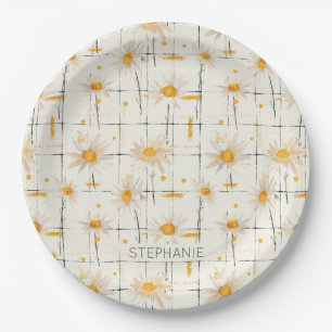White and Yellow Daisies - Rustic Plaid Background Paper Plate