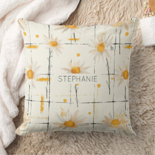 White and Yellow Daisies - Rustic Plaid Background Throw Pillow