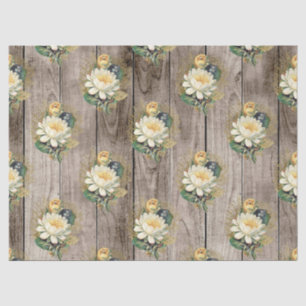 White and Yellow Flowers on Vintage Wood Decoupage Tissue Paper