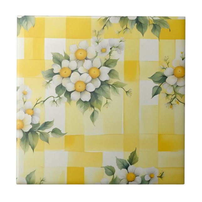 White and Yellow Flowers on Yellow Farmhouse Check Tile (Front)