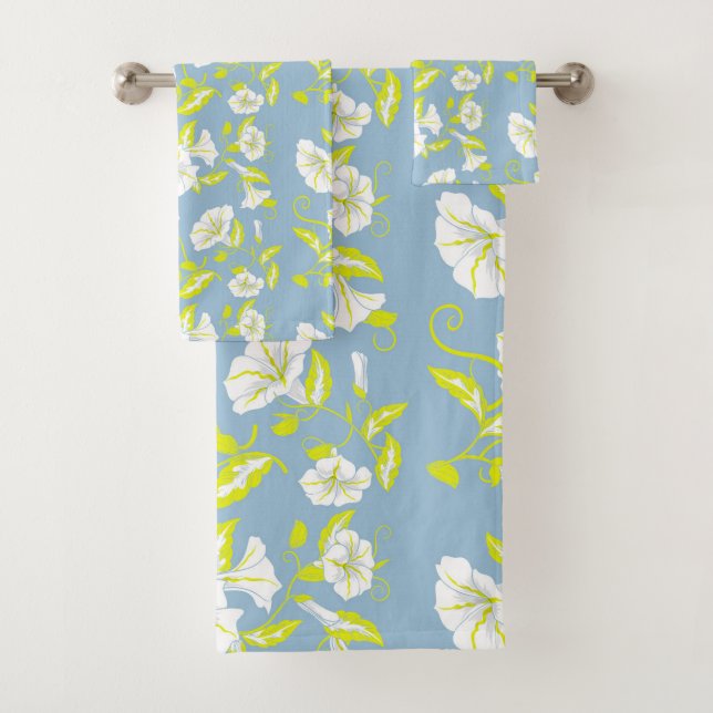 White and yellow flowers pattern on grey bath towel set (Insitu)