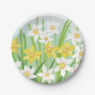White and Yellow Spring Daffodils  Paper Plate