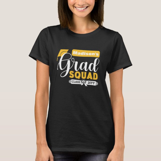 White and Yellow Text Female's Black Grad Squad T-Shirt (Front)