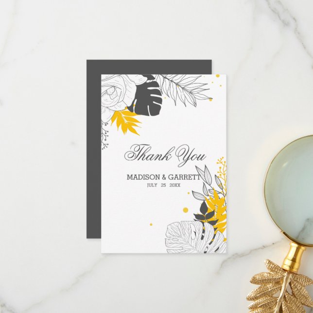 White And Yellow Tropical Leaves  Thank You Card (Front/Back In Situ)
