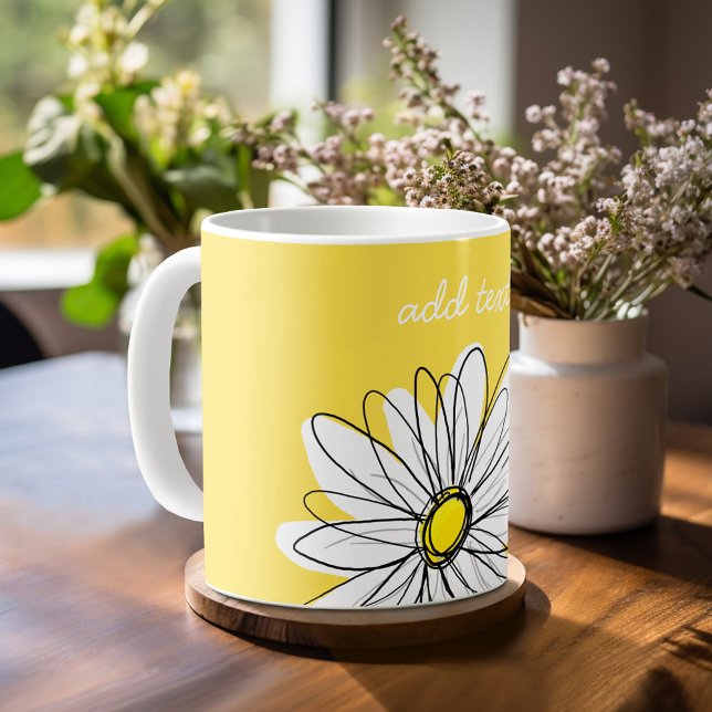 White and Yellow Whimsical Daisy Custom Text Coffee Mug (Whimsical Daisy Mug with an area for text such as a name or other fun event)