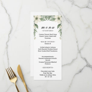 White Anemone Floral Greenery Wedding Menu Card