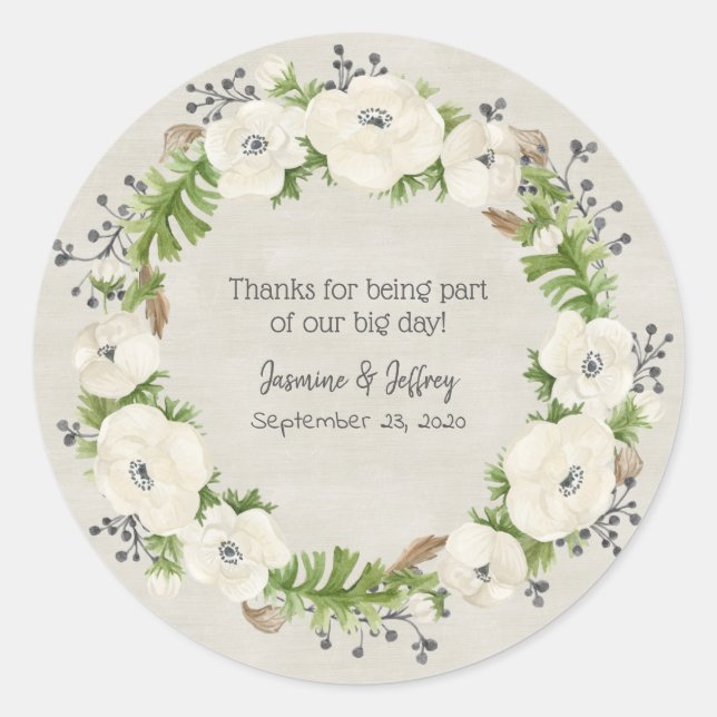 White Anemone Floral Wedding Thank You Classic Round Sticker (Front)