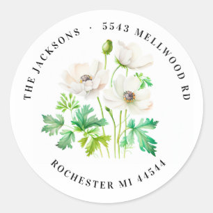 White Anemone flower Return Address  Classic Round Classic Round Sticker