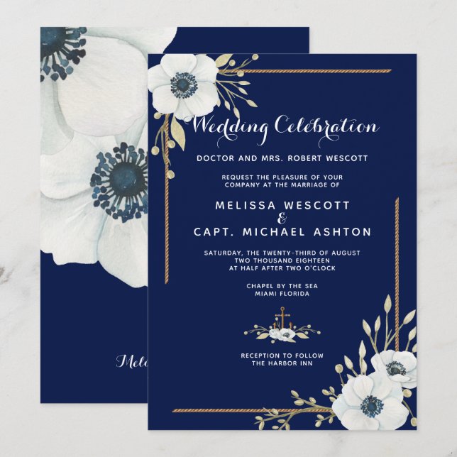 White Anemone Formal Nautical Navy Wedding Invitation (Front/Back)