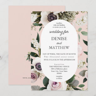 White Anemone on Blush Rose Wedding Invitation