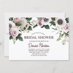 White Anemone on Bright White Bridal Shower Invitation