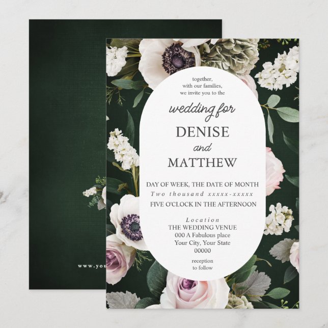 White Anemone on Emerald Wedding Invitation (Front/Back)