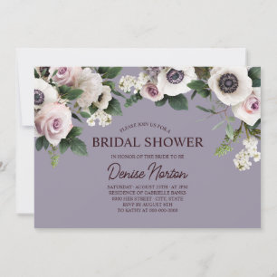 White Anemone on Lavender Grey Bridal Shower Invitation