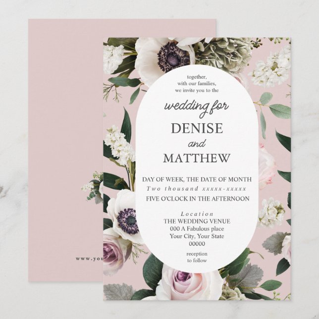 White Anemone on Mauve Chalk Wedding Invitation (Front/Back)