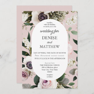 White Anemone on Mauve Chalk Wedding Invitation