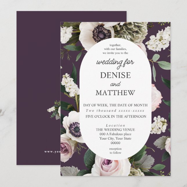 White Anemone on Midnight Plum Wedding Invitation (Front/Back)