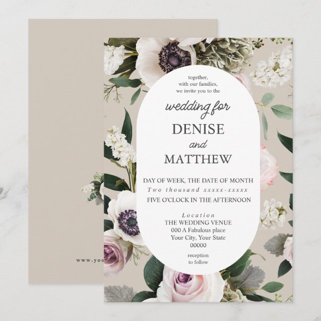 White Anemone on Perfectly Pale Wedding Invitation (Front/Back)
