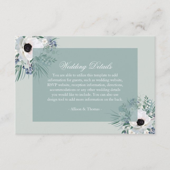white anemone sage green wedding details card (Front)